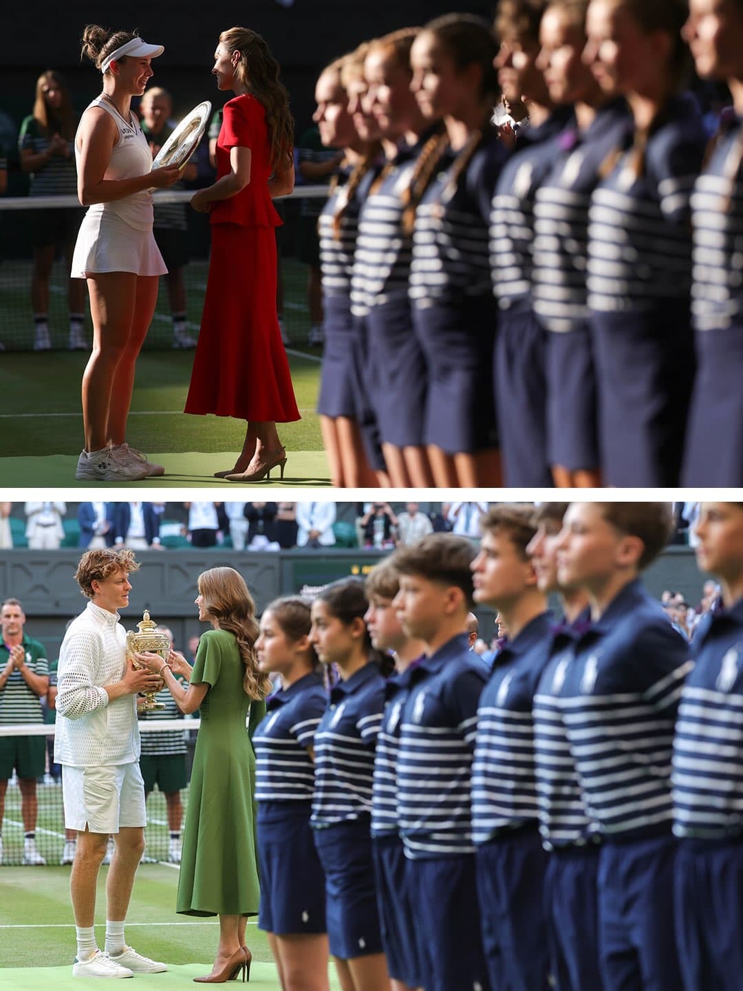 凱特王妃在IG貼出溫網為女單冠軍諾絲科娃（上）及男單冠軍辛納（下）頒獎的畫面。（翻攝princeandprincessofwales IG）