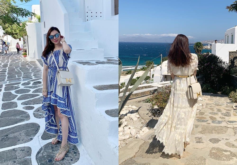 曾馨瑩過去到希臘旅遊,背著奶油白Constance 24入鏡。(翻攝曾馨瑩IG)