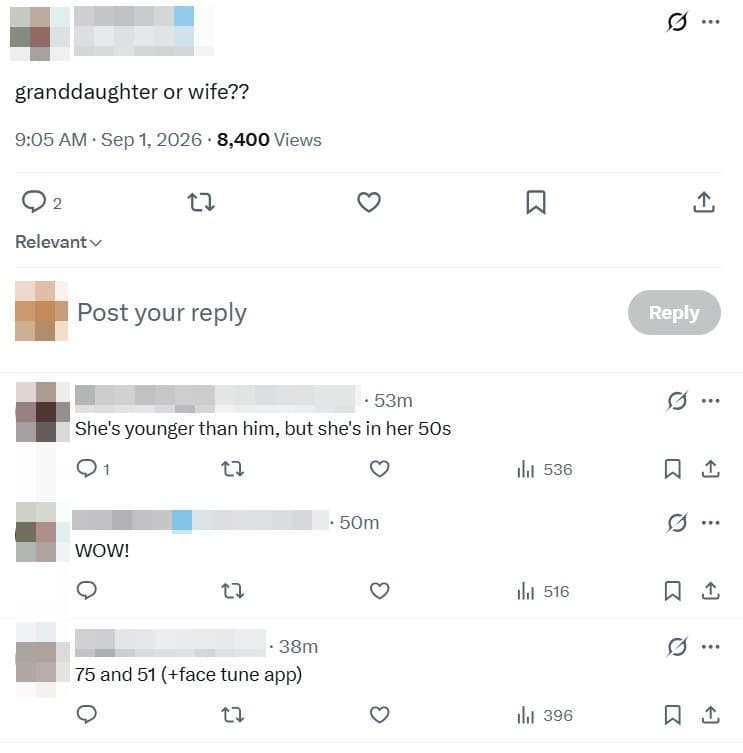 海外網友看到郭台銘與曾馨瑩的合照後，驚訝詢問「孫女還是老婆？」得知曾馨瑩已50多歲後，更忍不住直呼「WOW！」。（翻攝自X）