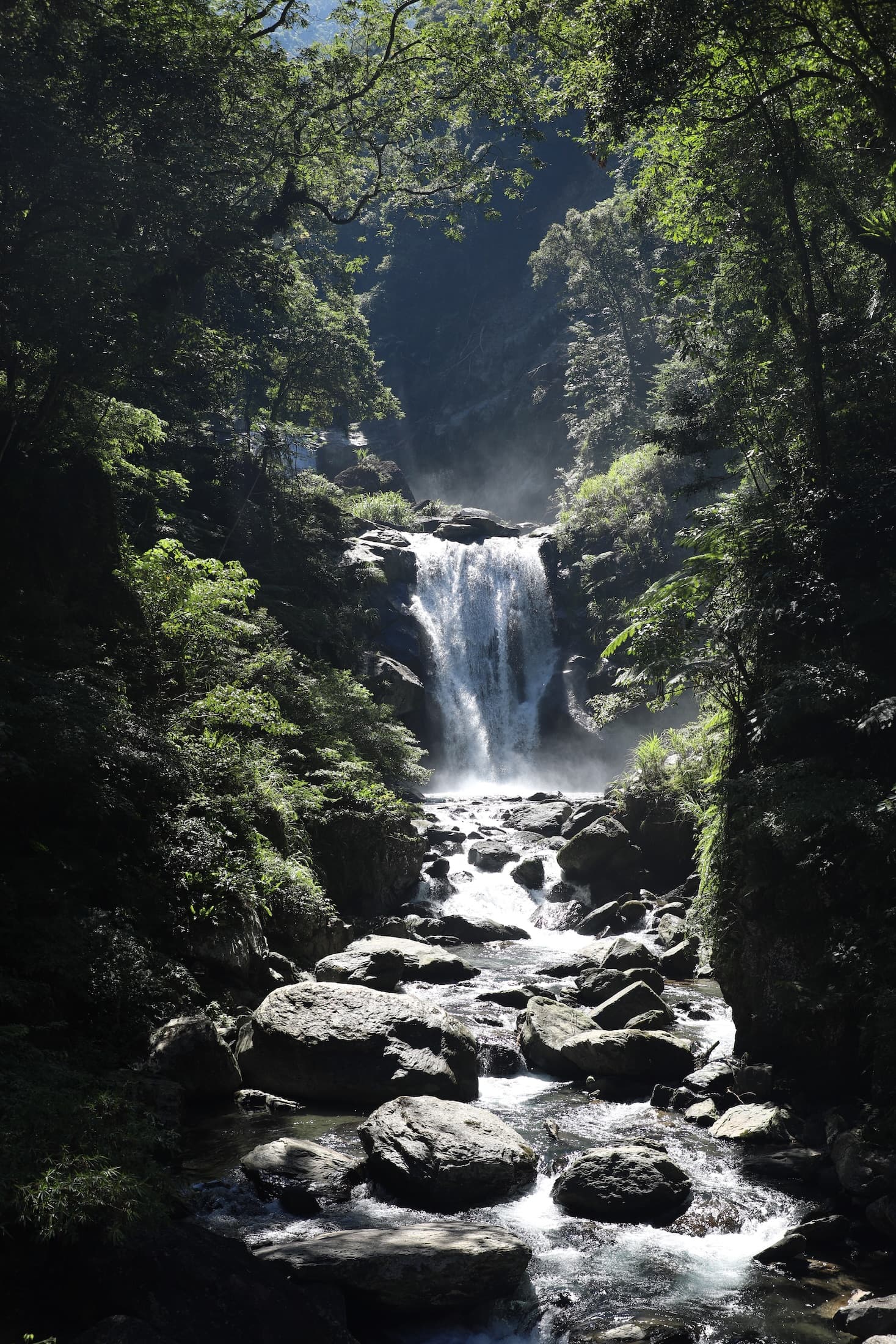 內洞瀑布磅礴水流沿著層層岩壁傾瀉，滿天水霧在陽光折射下，展現晶瑩光影。