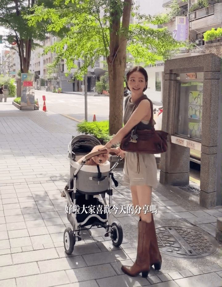 許路兒分享,帶著愛犬「許旺旺」現身街頭的畫面。(翻攝許路兒IG)