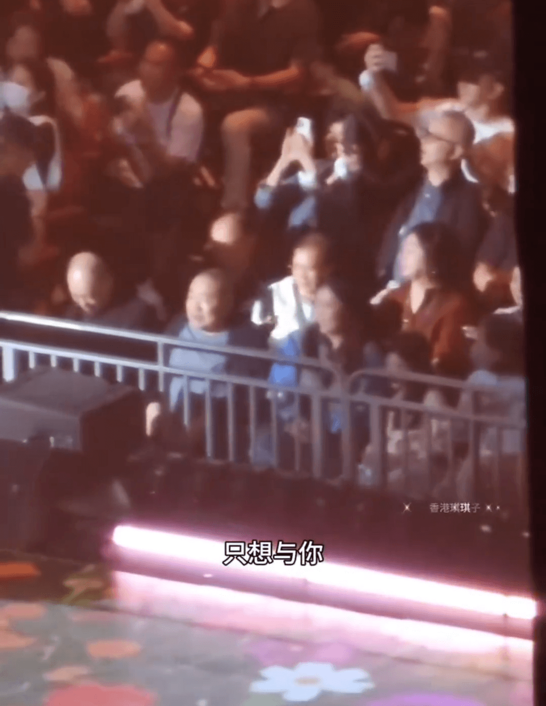 細劉（前排左起）、大劉、甘比和女兒坐第一排看譚詠麟演唱會。（翻攝微博）