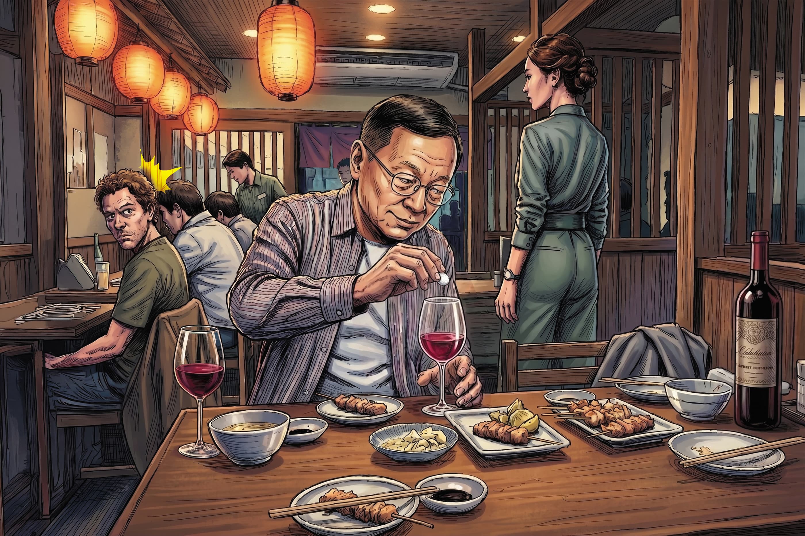 鄭文芳犯案手法很一致,都發生在同一間居酒屋。(AI繪圖FREEPIK生成,本刊美術組後製)